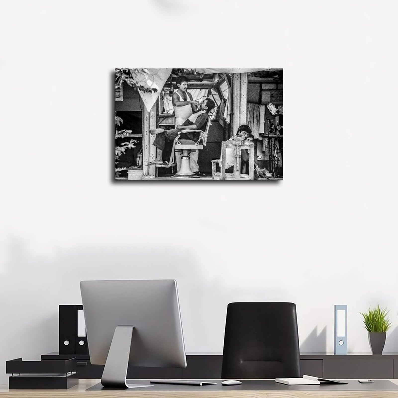 Vintage Monochrome Street Barber Barber Shop Black And White Photo Classic Posters Prints Wall Art Home Decor Canvas Painting Suitable for Bedroom Living 12x08inch(30x20cm) Unframe-style