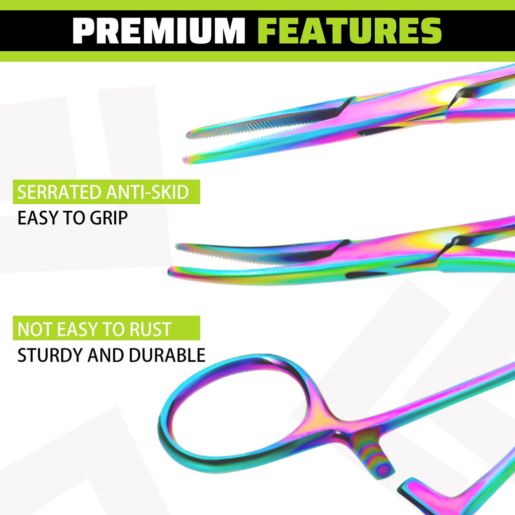 BBTO 2 Pieces Hemostat Curved and Straight Rainbow Hemostat Forceps Piercing Pliers Forceps, 7.1 Inch Stainless Steel Straight and Curved Pliers, Fishing Tweezer