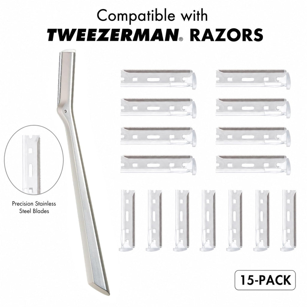 15-Pack Facial Razor Refill Blades – Compatible with Tweezerman Razors, Precision Stainless Steel Replacement