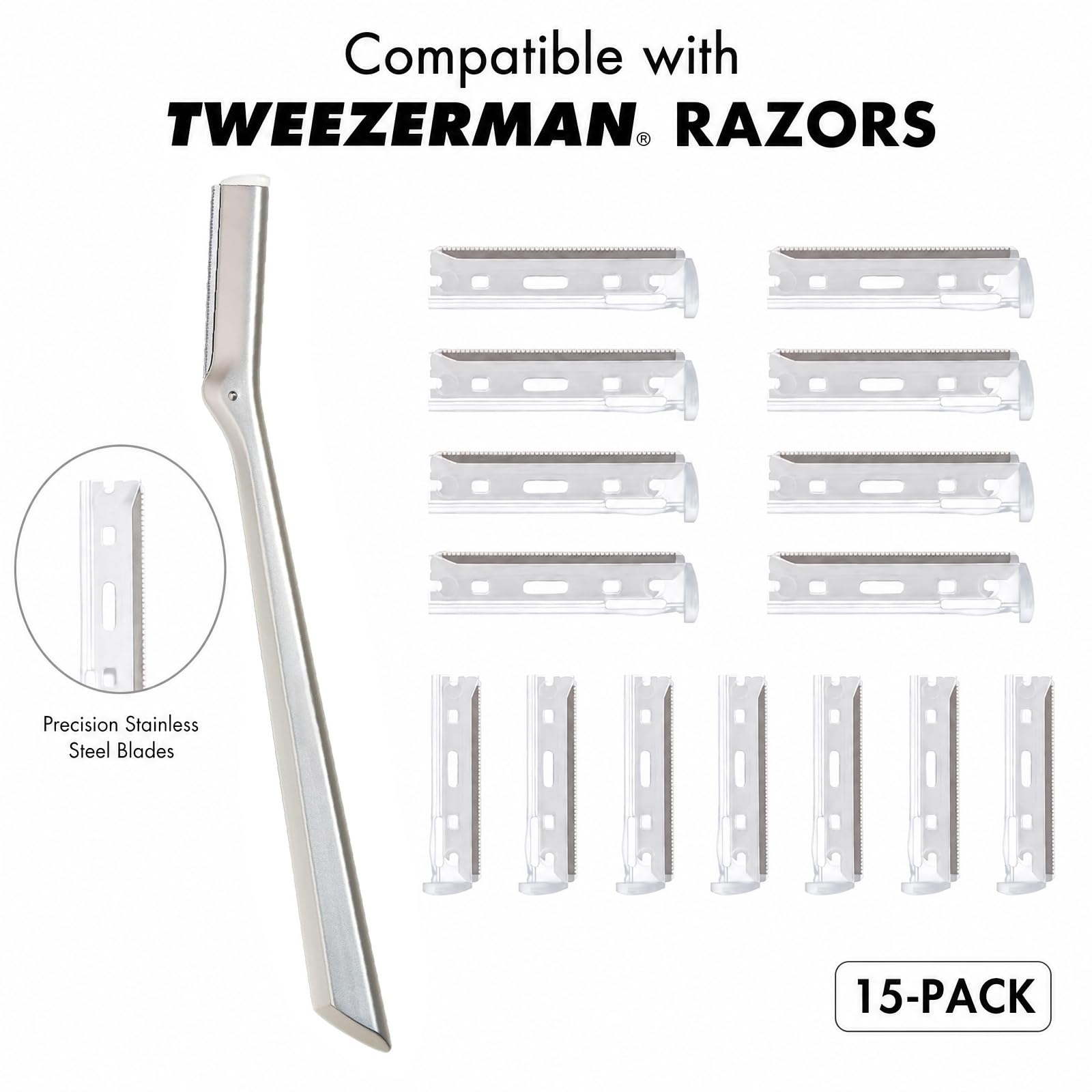 15-Pack Facial Razor Refill Blades – Compatible with Tweezerman Razors, Precision Stainless Steel Replacement