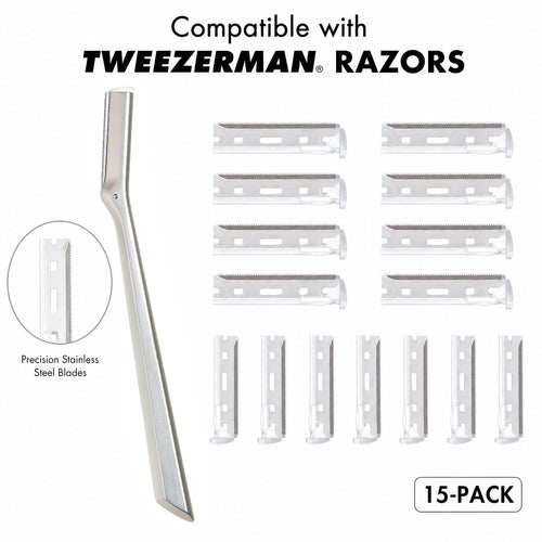 15-Pack Facial Razor Refill Blades – Compatible with Tweezerman Razors, Precision Stainless Steel Replacement