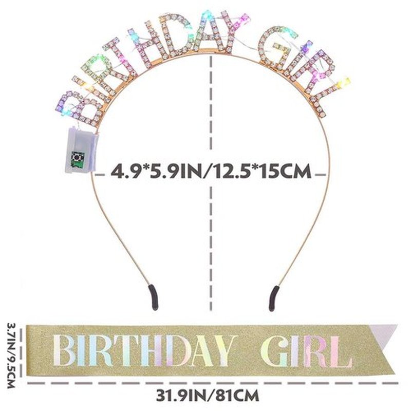 Aceorna Light Up Birthday Girl Headband Gold Rhinestone Crown and Sash Led Birthday Accessories Sets for Women (Gold, One Size)