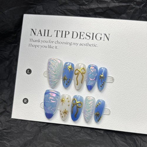 30Pcs Gowabory Almond Press on Nails Medium Fake Nails with 3D Aurora Water Ripple Gilded Bow Flashing Cat's Eye Designs, Summer Fall Acrylic Artificial False Nails Press Ons Stick On Nails for Women