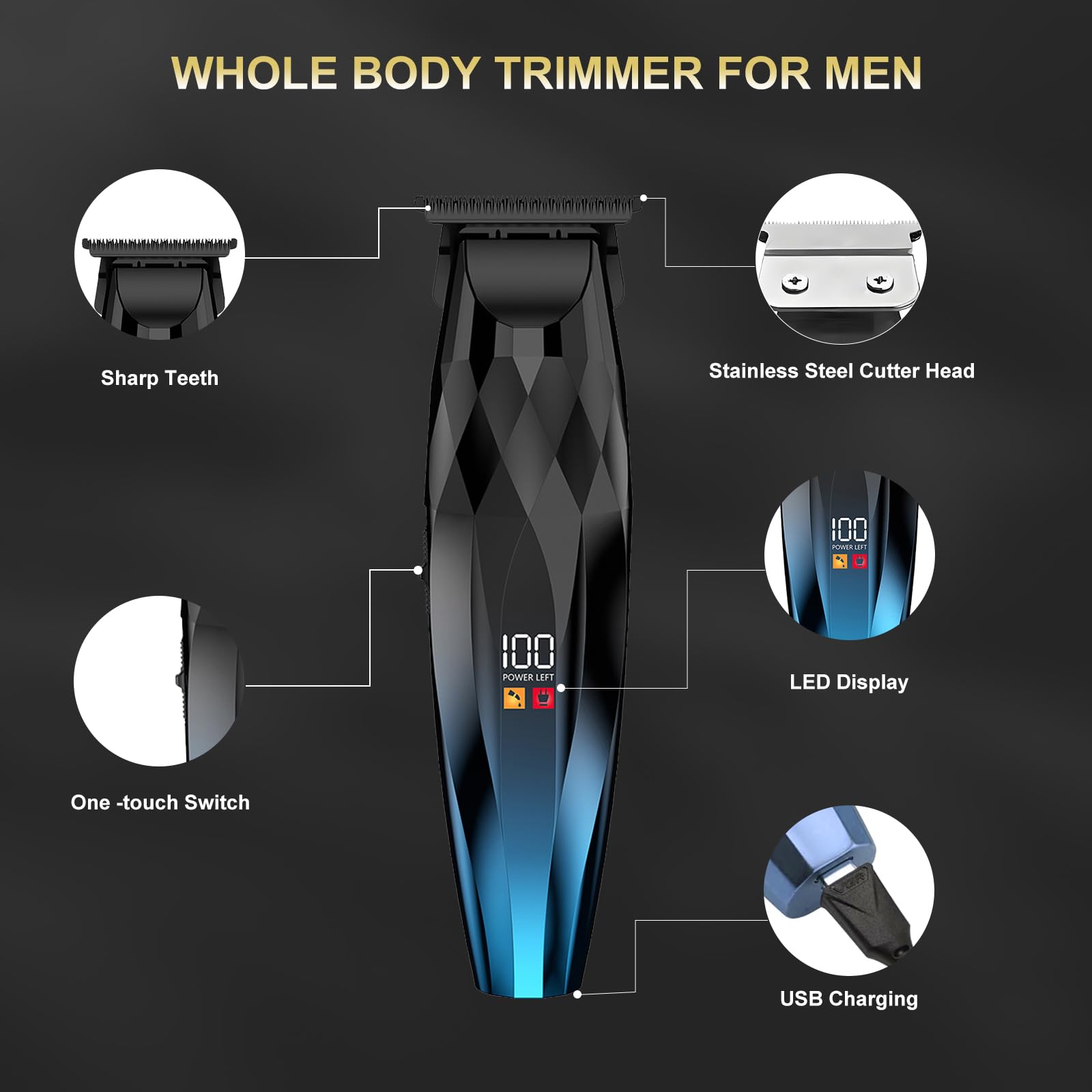 WAIKIL Cordless Hair Clippers for Men, Professional Barber Clipper and Trimmer Kit with LED Display, Rechargeable Beard Trimmer for Home and Salon Use,Blue