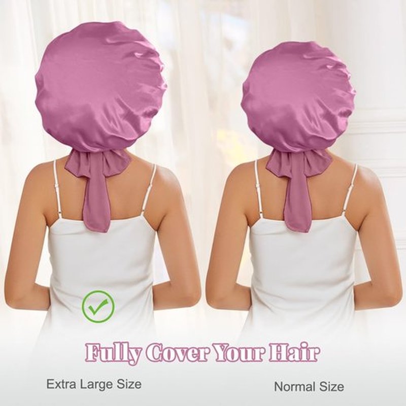 2 Pcs Large Satin Silk Bonnet for Sleeping Women, Adjustable Hair Bonnets for Sleeping with Tie Band, Silk Bonnet Sleep Cap for Curly Hair Long Braids (Black+Rose Pink)