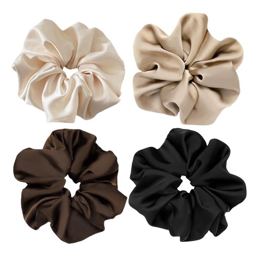 4 Pieces Jumbo Satin Silk Scrunchies for Women 7.2 Inches Large Oversize Scrunchies For Thick Hair Ties Ornaments for the Hair (Brown Mix)