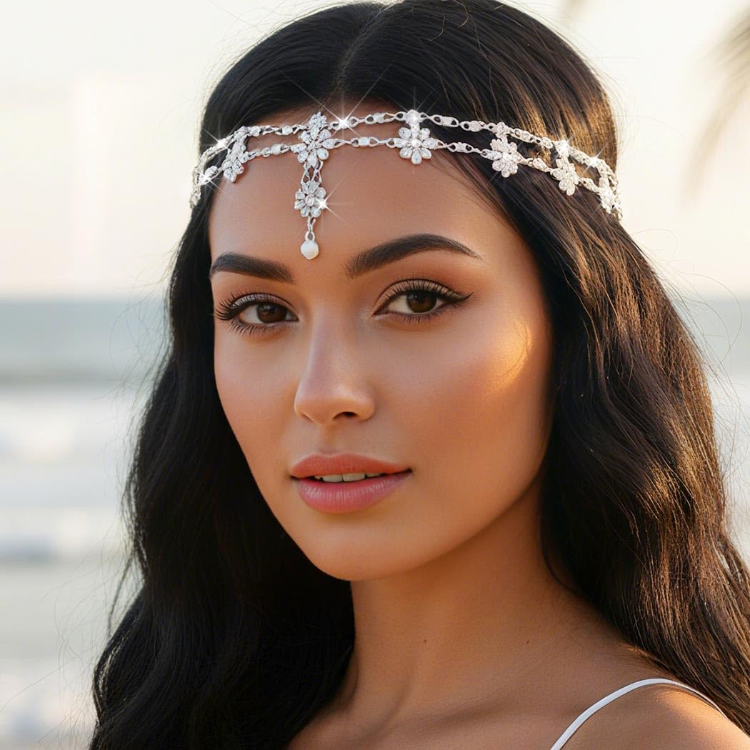 Unsutuo Hair Jewelry Head Chain Wedding Bohemian Floral Headband Elastic for Women(Silver)