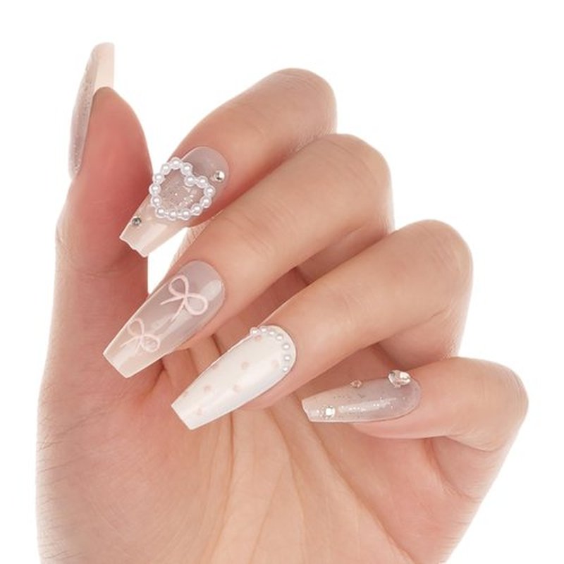 Coffin Shaped Press on Nails - Sweetheart | Luxury Ballerina Artificial False Nails, Glossy Pink Fake Nails with 3D Pearls & Heart, Salon Quality Reusable Nails Kit for Women & Girls (Size M)