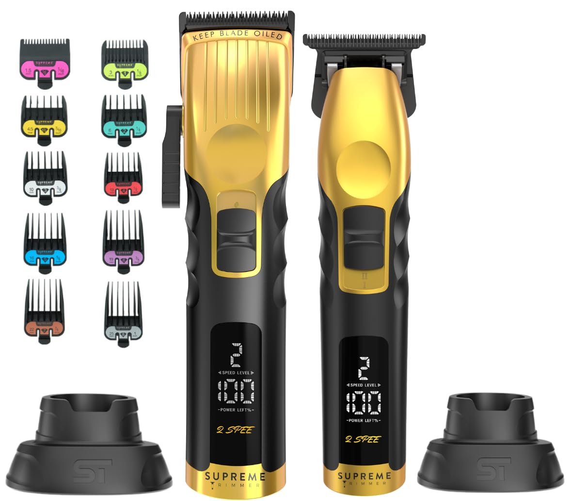 Supreme Trimmer 2-in-1 2Spee Beard Trimmer & Hair Clipper Combo | Removable Blades, 2 Speeds, LCD Display | Cordless Professional Barber Tools - Easy Color Coded Clipper Guide Combs | STB280 (Black)