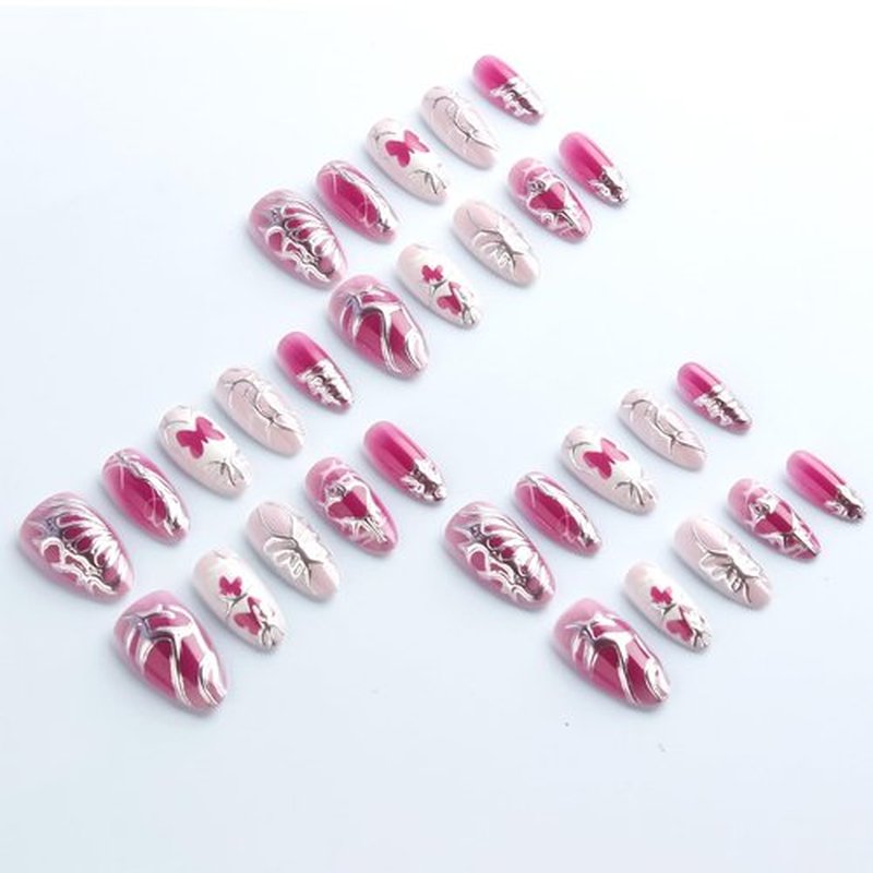 30 Pcs 3D Butterfly Press on Nails Valentines Almond Medium False Nails Love Heart Acrylic Fake Nail Glossy Red Gradient Stick on Fingernails Curve Line Gel Glue on Nail for Women Valentine's Gift