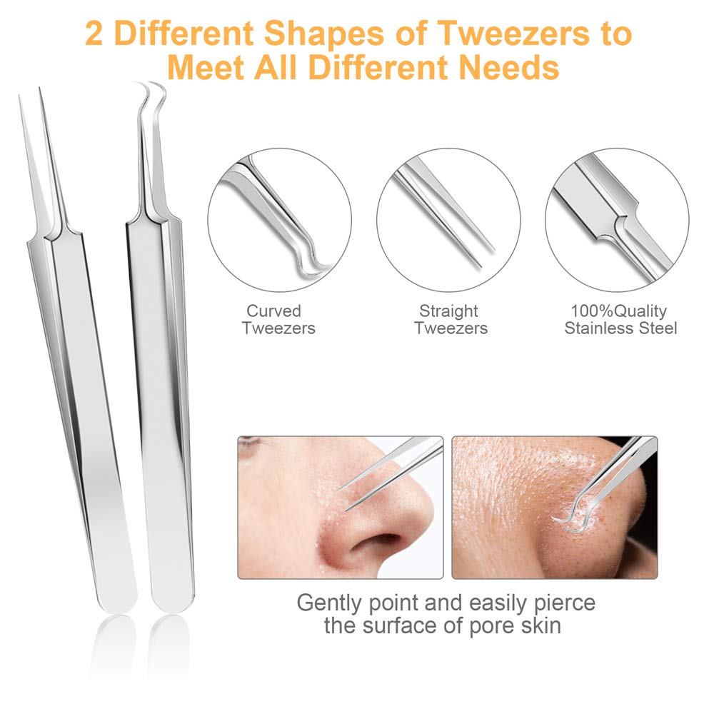 UUBAAR 9PCS Blackhead Remover Tools, Pimple Popper Tool Kit with 2 Tweezers, 304 Stainless Steel Comedone Extractor, 16 Precision Heads Face Nose Acne Zit Removal, Home Esthetician Use & Leather Case