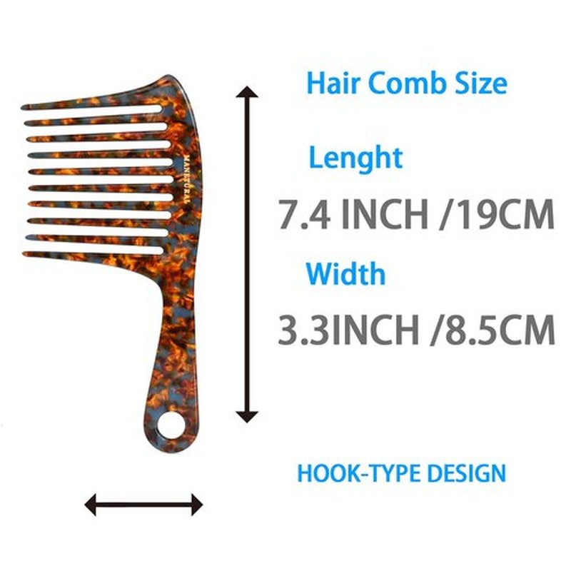 MANETURAL D1 | Large wide tooth Handle comb for Curly Hair, 7.4 Inch Mustache and Beard Comb for Men | Elevates, Preserves Curl, Eliminates frizz | Acetate comb (Tortoise)