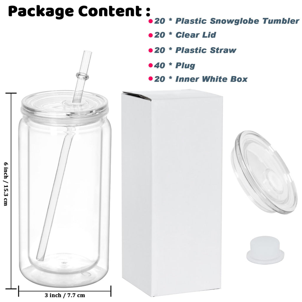 Maucircol 16 Oz Acrylic Snowglobe Tumbler, 20 Pack Pre-Drilled Double Wall Plastic Clear Cup for Glitter Snow Globe Diy, Double Wall Plastic Snowglobe Cup with Clear Lid