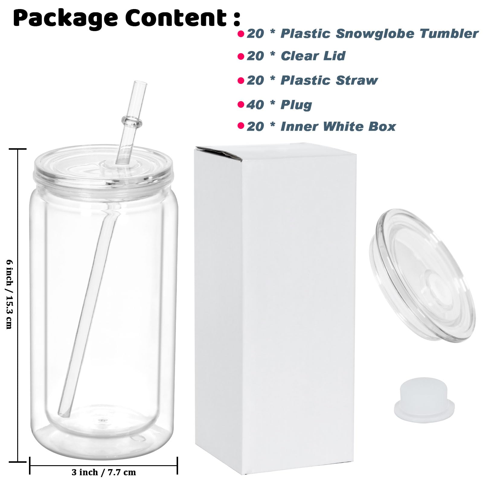 Maucircol 16 Oz Acrylic Snowglobe Tumbler, 20 Pack Pre-Drilled Double Wall Plastic Clear Cup for Glitter Snow Globe Diy, Double Wall Plastic Snowglobe Cup with Clear Lid