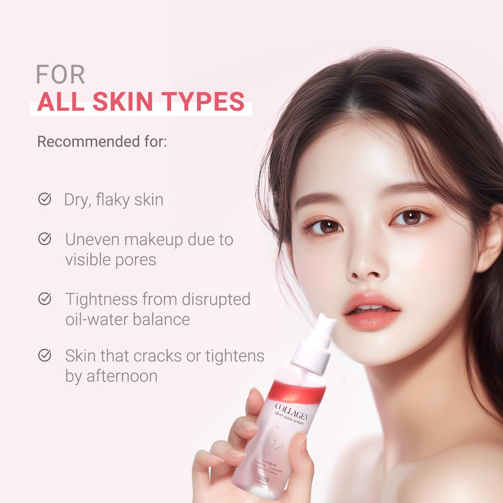 tenzero Collagen Glow Mist Serum 3.38 fl oz (100 ml), Hydrating, Anti Wrinkle, Antioxidant, Brightening Face Mist, Daily Moisturizer, Lightweight, for All Skin Types with Niacinamide, Pomegranate