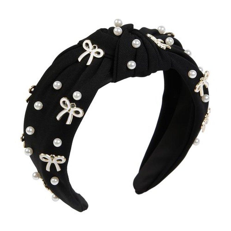 TEBIEKOY Cute Knotted Headbands for Women, Trendy Bows and Pearl Wide Head Band Non Slip Hairhoop, Thick Elastic Hairband for Womens Hair Black Hair Accessories