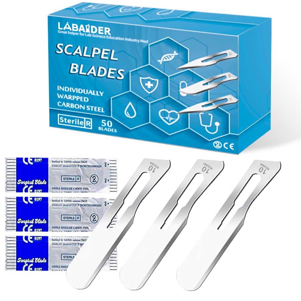 Surgical Grade Blades #10 Round 50pcs Sterile Scalpel Blades Individually Wrapped, with Storage Case, for Dermaplaining, Dermaplane Tools, Biology Lab Anatomy, Sculpting, Repairing (#10 Round, 50)