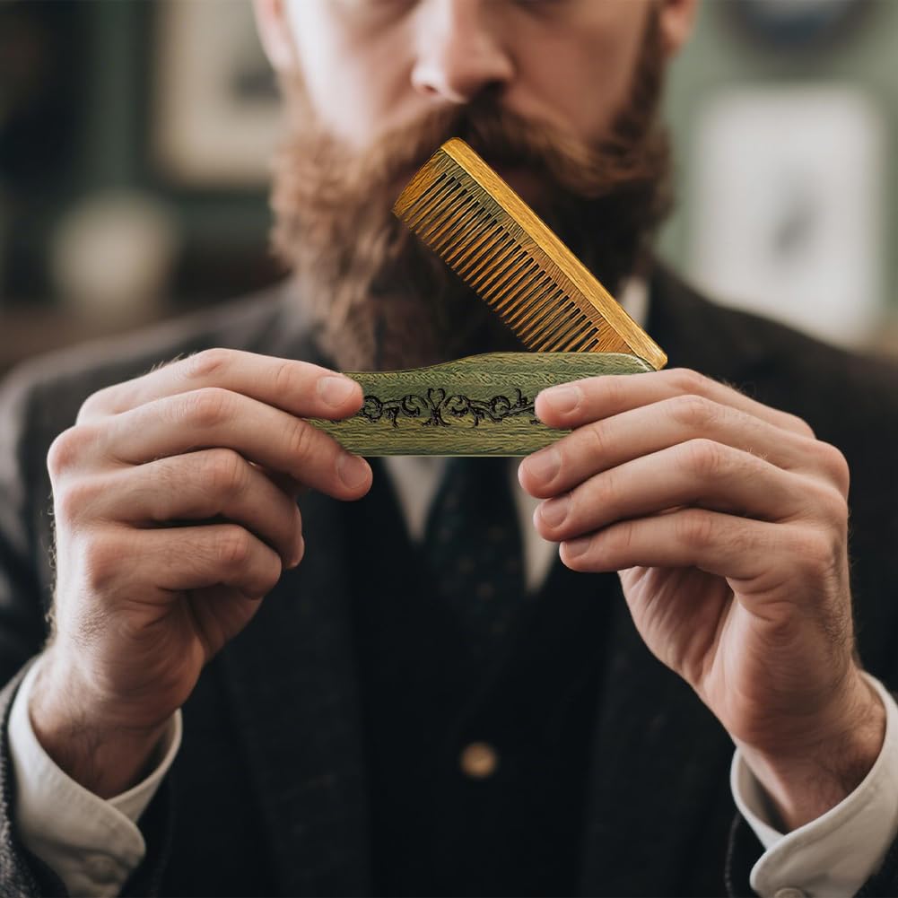 CHGCRAFT Retro Pattern Folding Wooden Comb, Carved Fine Tooth Hair Comb with Imitation Leather Protective Cover for Men Beard Mustache Grooming, Travel Pocket Comb Gift for Husband