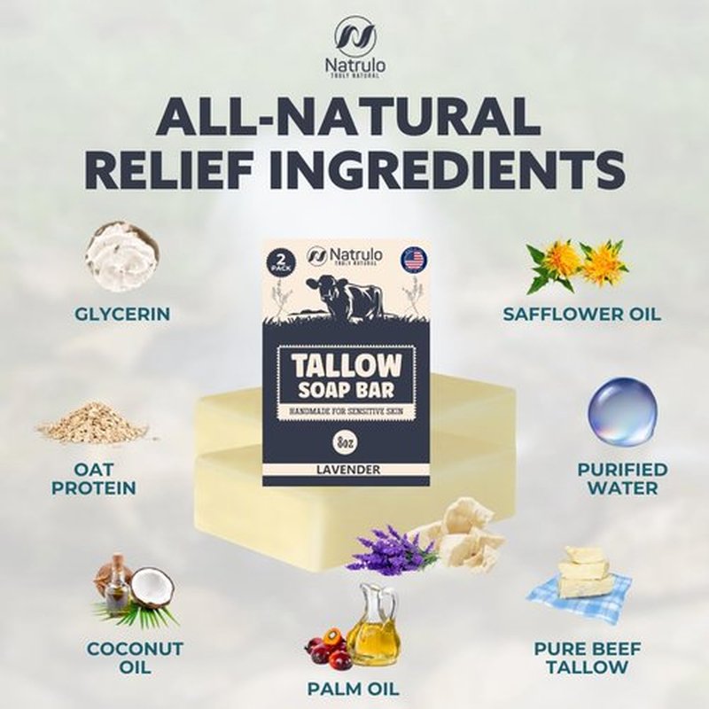 Beef Tallow Soap Bar – All Natural Grass Fed Tallow Soap Lavender – Moisturizing Face & Body Wash Great for Eczema, Dry, Itchy, Sensitive Skin – Handcrafted Bath Soap for Adults, Kids, Made in USA