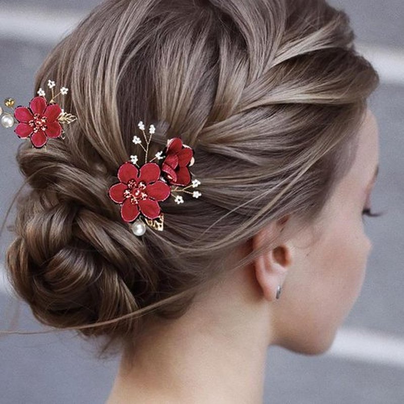 4 PCS Bridal Hair Pins with Crystal Pearl, Rhinestone Updo Headpiece for Brides, Bridesmaids, and Women - Gold Wedding Jewelry Accessories(Red)