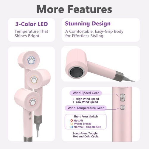 Diffuser Hair Dryers for Women Men, KIKVOOL 110000 RPM Fast Ionic Blow Dryer for Thick Hair, Protable Travel Hair Diffuser Dryer, Brushless Motor, 3 Temps/2 Speeds Lightweight Hairdryer, Pink