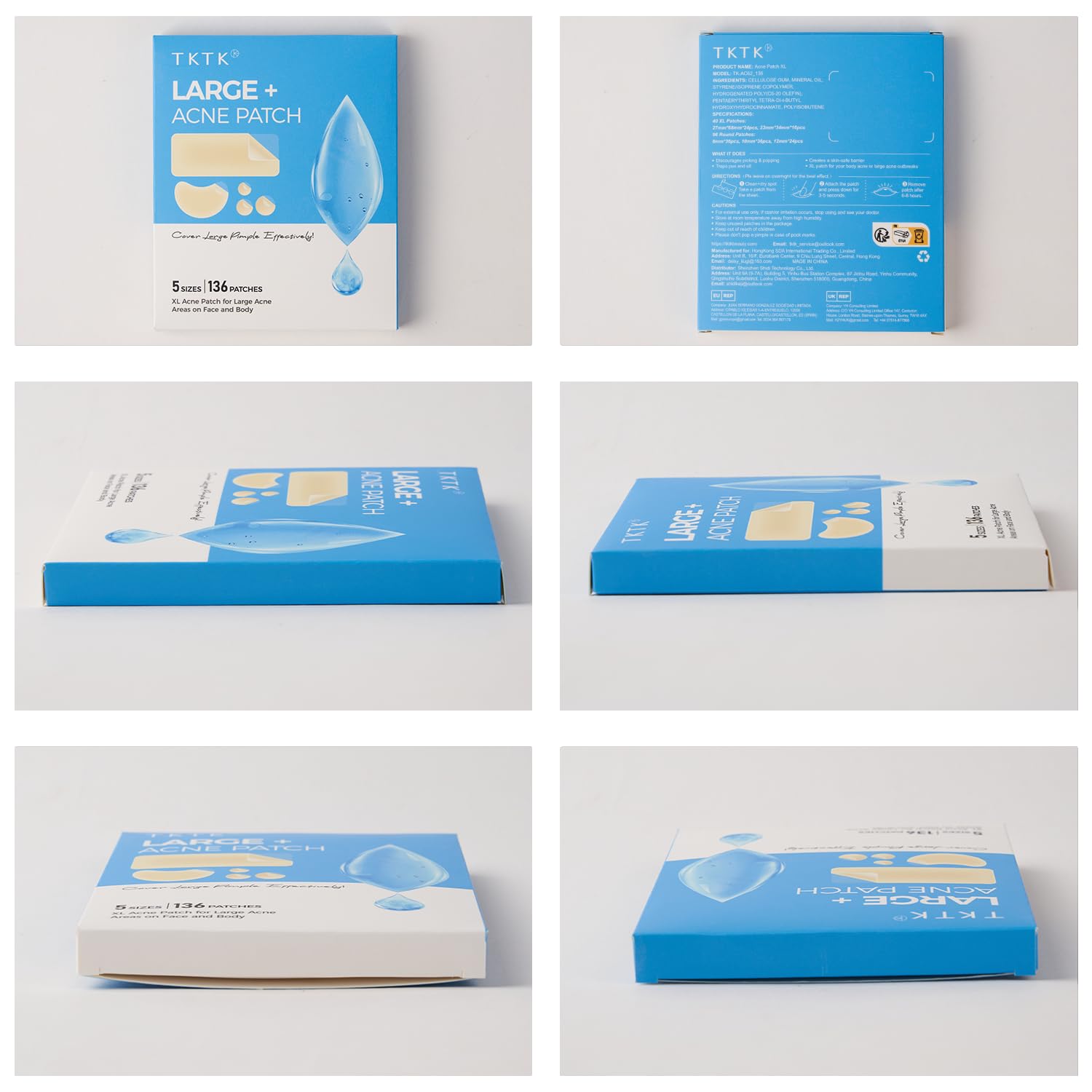 TKTK Large Pimple Patches for Face, 68 x 27 mm XL Hydrocolloid Bandages, Big Acne Patches for Body, Forehead, Chin, Nose, Chest and Back Blemish Zit Breakouts (Strip, Contoured, Dot 5 Sizes 136 Count)
