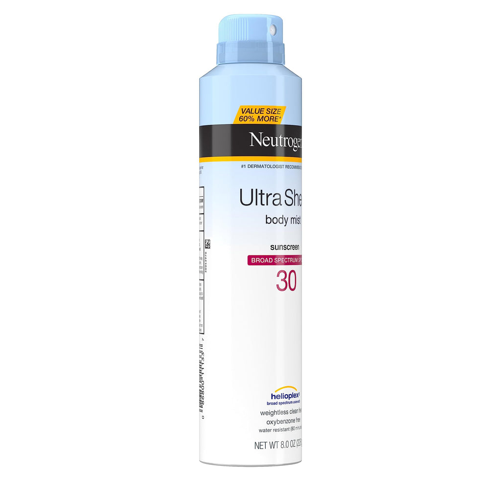 Neutrogena Ultra Sheer Body Mist Sunscreen Spray SPF 30 with Broad Spectrum Sun Protection, Lightweight, Water-Resistant, Oil-Free, Non-Comedogenic & Oxybenzone-Free, Value Size, 8 oz