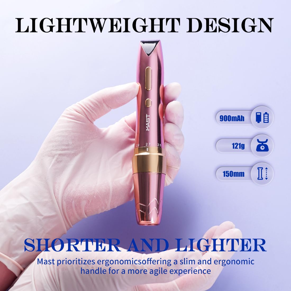Mast P60 Tattoo Gun Wireless Tattoo Pen Machine, 5 Strokes Length 2.2mm - 3.2mm, 121g/4.2oz Lightweight, Pink Color for Pro Artists