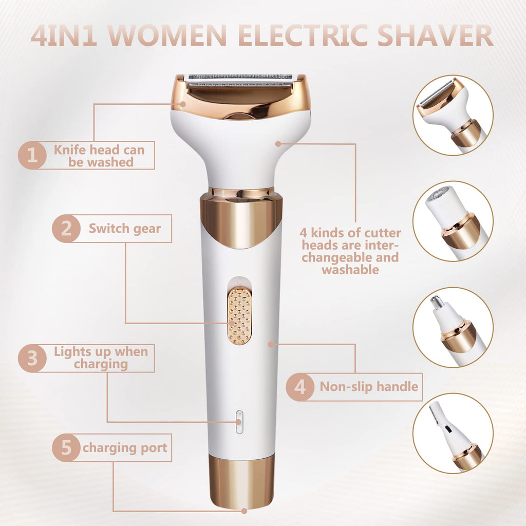 Electric Razor for Women Bikini Trimmer, MKIOVH Women's Cordless Portable 4 in 1 Painless Shaver, for face Legs Brows Nose Detachable Head USB Rechargeable Hair Trimmer