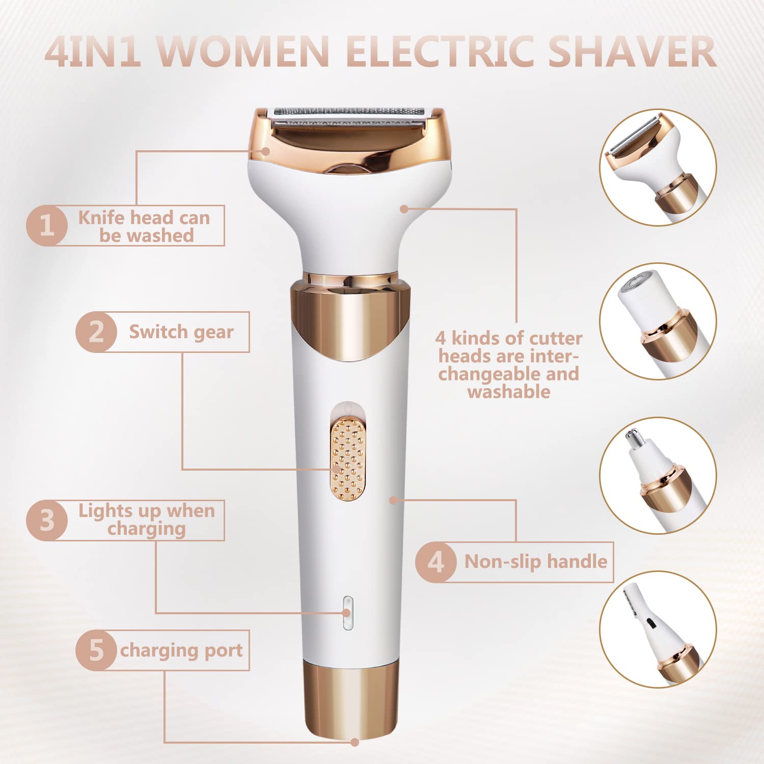 Electric Razor for Women Bikini Trimmer, MKIOVH Women's Cordless Portable 4 in 1 Painless Shaver, for face Legs Brows Nose Detachable Head USB Rechargeable Hair Trimmer