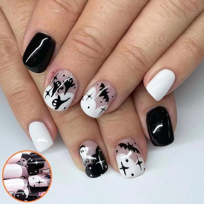96PCS Halloween Short Press on Nails, Black White French Tips Fake Nails Glossy Square False Nails Ghost Skull Skeleton Spider Halloween Artificial Acrylic Nails for Women Home Salon DIY Nail Art