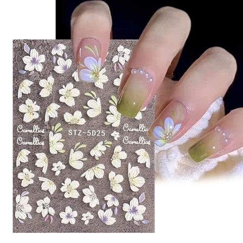 Flower Nail Art Stickers Decals 5D Stereoscopic Embossed Flowers Nail Stickers Spring Self-Adhesive Nail Art Supplies White Floral Acrylic Engraved Decals Sliders for Summer Nail Art Decorations, 3PCS