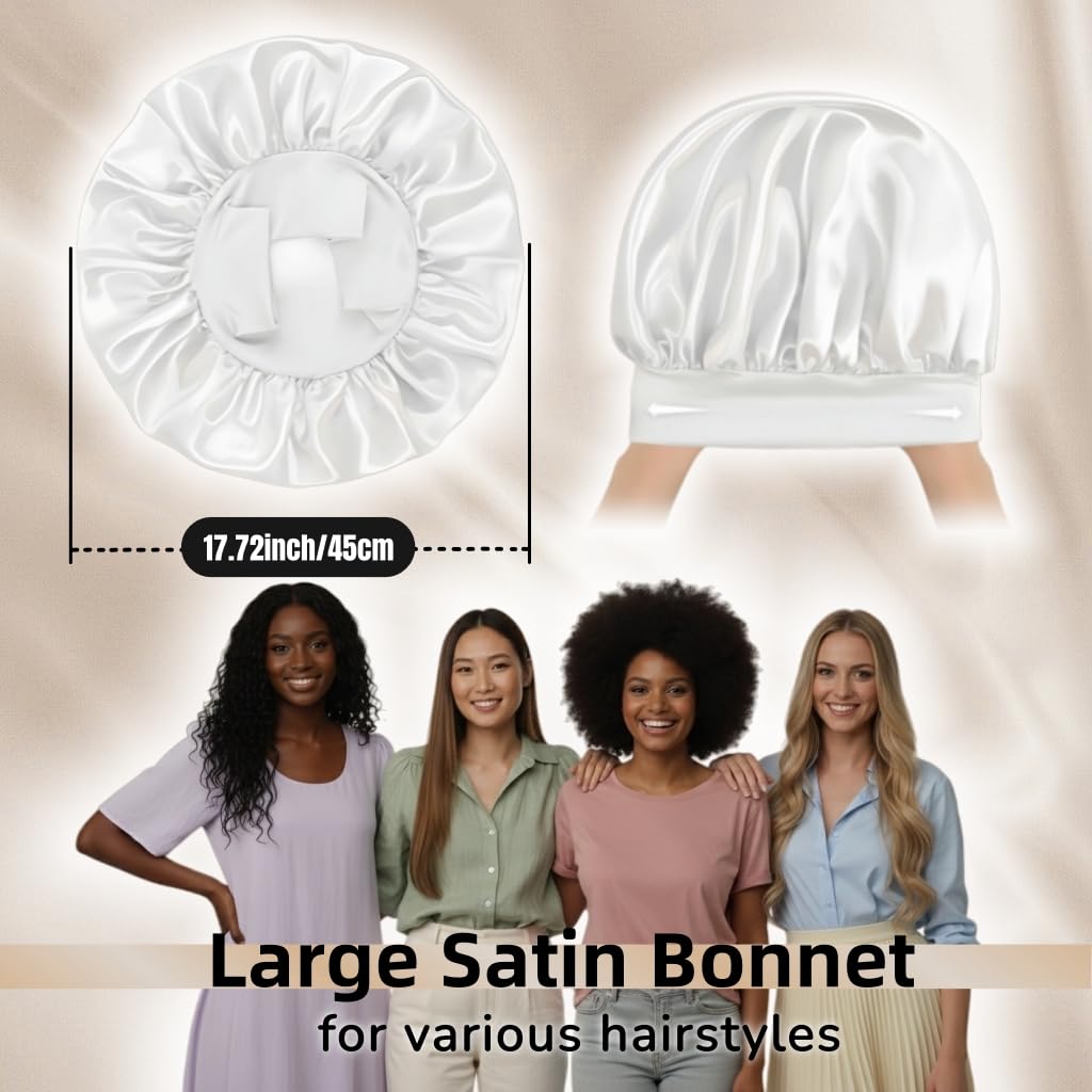 White Silk Bonnet for Sleeping Women Braid Bonnet XL Large Satin Hair Bonnets for Sleeping Long Hair Jumbo Silk Sleep Night Cap 2 Pack