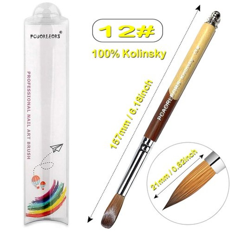 PCUORLEORS Acrylic Nail Brush Kolinsky with 100% Pure Mink Sable Hair and Wood Hand, Round Gel Brush for Acrylic Application Size # 8,10, 12, 14, 16,18,20 (size12)