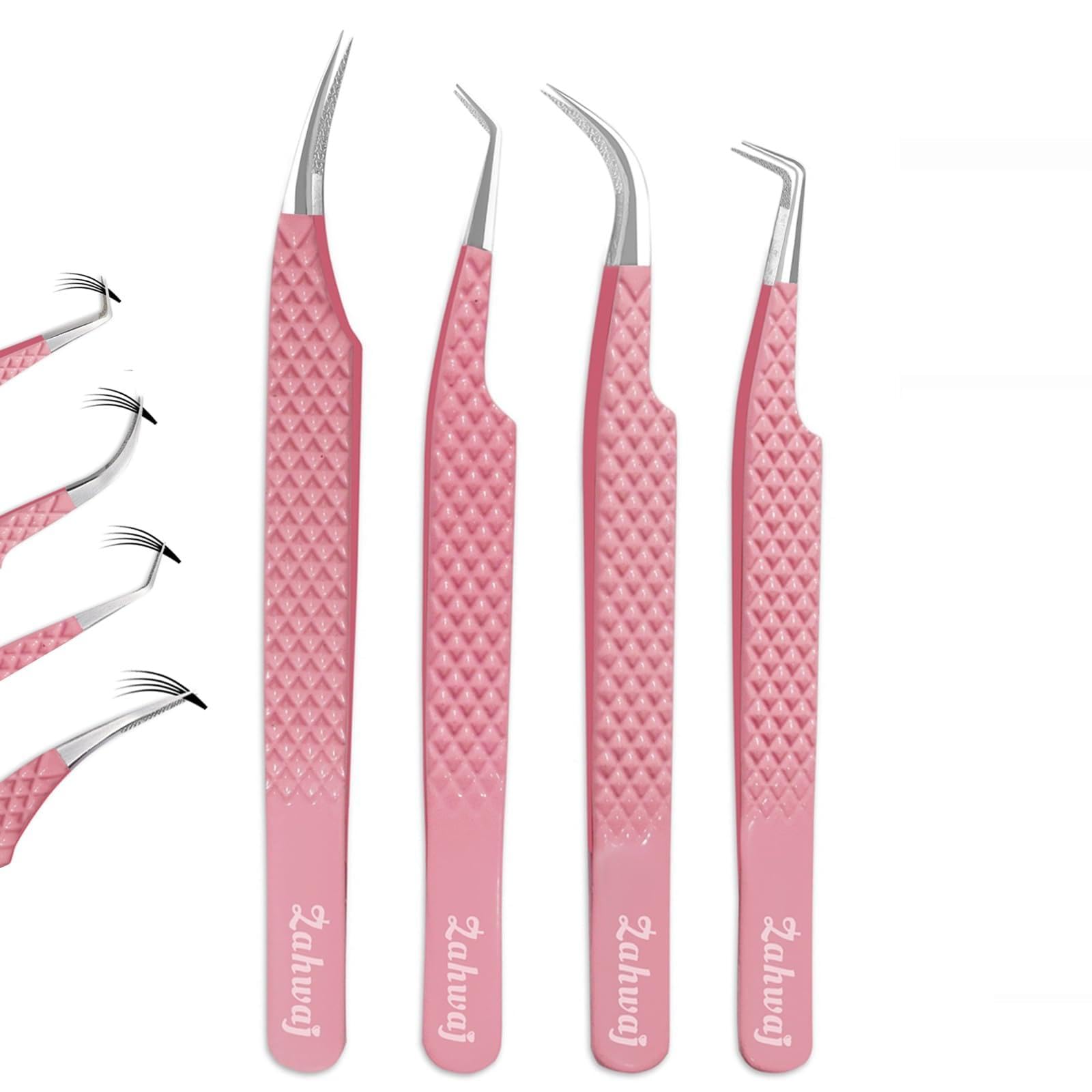 Zahwaj Fiber Tip Lash Tweezers for Eyelash Extensions with Diamond Grip, Set of 4 Precise Tips Japanese Steel for Classic, Volume & Mega Volume Lashes, Ideal for Lash Artists