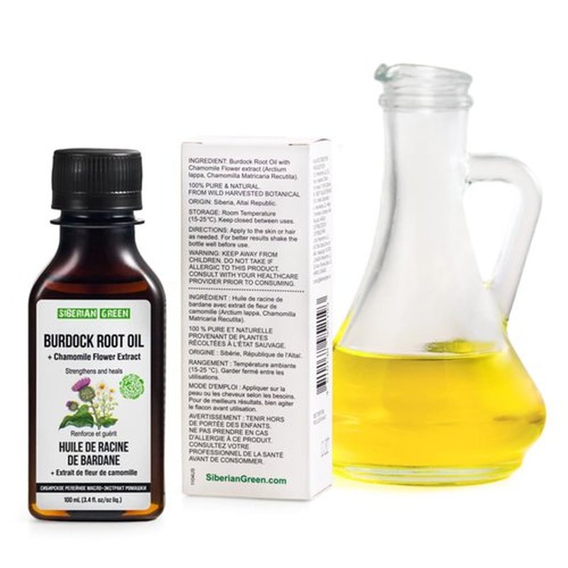 Siberian Green Burdock Oil with Chamomile Extract – 100ml Burdock Root Oil for Hair Growth, Hair Thinning and Loss – Pure and Natural Siberian Herbs – Strengthening and Healing Hair Care