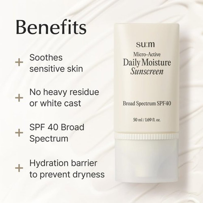 SU:M Micro-Active Daily Moisture Sunscreen (1.69fl oz) - Korean Skincare SPF 40 for UV Protection, Hydration, Soothing Sensitive Skin, No White Cast. With Biopeptide190 & Niacinamide.