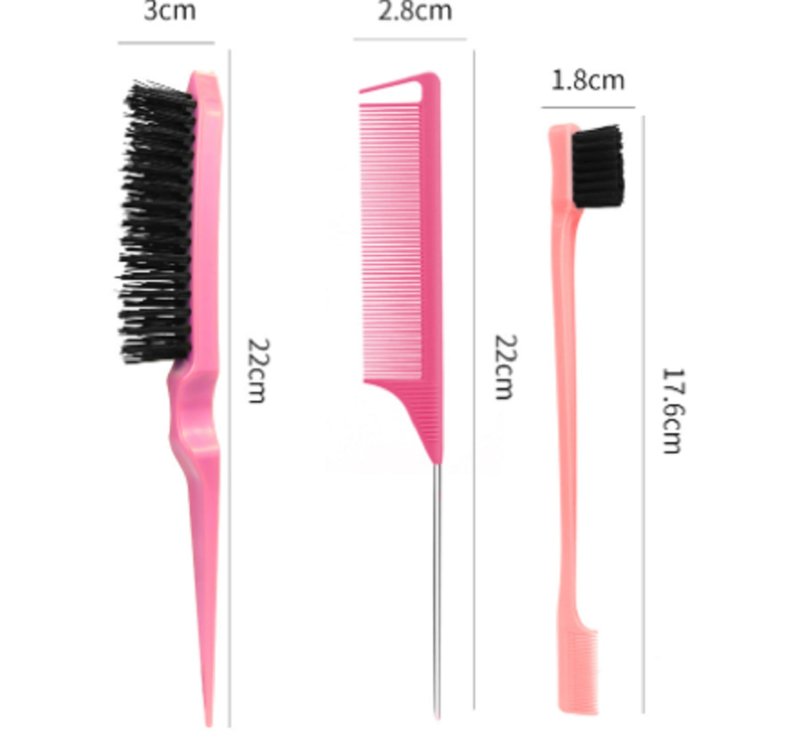 Xiangwenlan Pink Hair Brush Set - 3 Pcs, Slick Back, Rat Tail, Teasing Comb for Kids and Baby Hair Smoothing