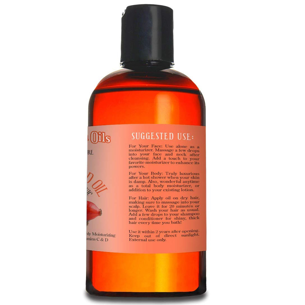 Natural Born Oils Rosehip Seed Oil, 8oz, Organic, Cold-Pressed, Rich in Essential Fatty Acids, Ideal for Moisturizing Skin, Strengthening Hair