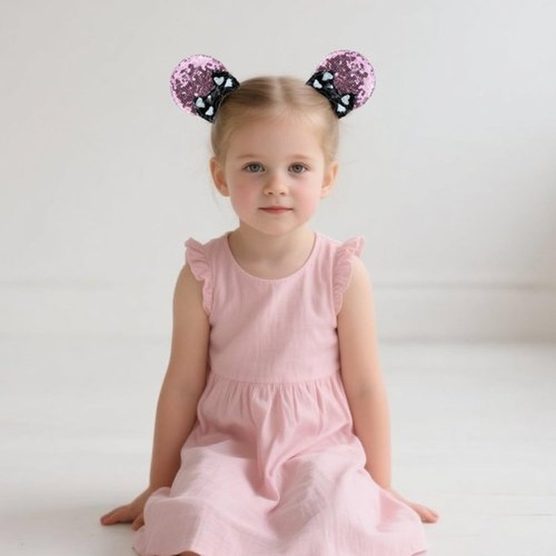 2 Pairs Sequin Mouse Ear Clips with Glittering Bow with Heart, Girls' Hair Barrettes Hair Accessories for Theme Birthday Party Festival Decoration (heart bow)