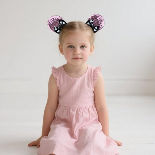 2 Pairs Sequin Mouse Ear Clips with Glittering Bow with Heart, Girls' Hair Barrettes Hair Accessories for Theme Birthday Party Festival Decoration (heart bow)