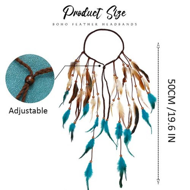 GORTIN Boho Feather Headband Hippie Headpiece Black Gypsy Costume Headdress Bohemian Headbands Indian Festival Feather Headwear Hair Accessory for Women and Girls (A-Blue+Brown)