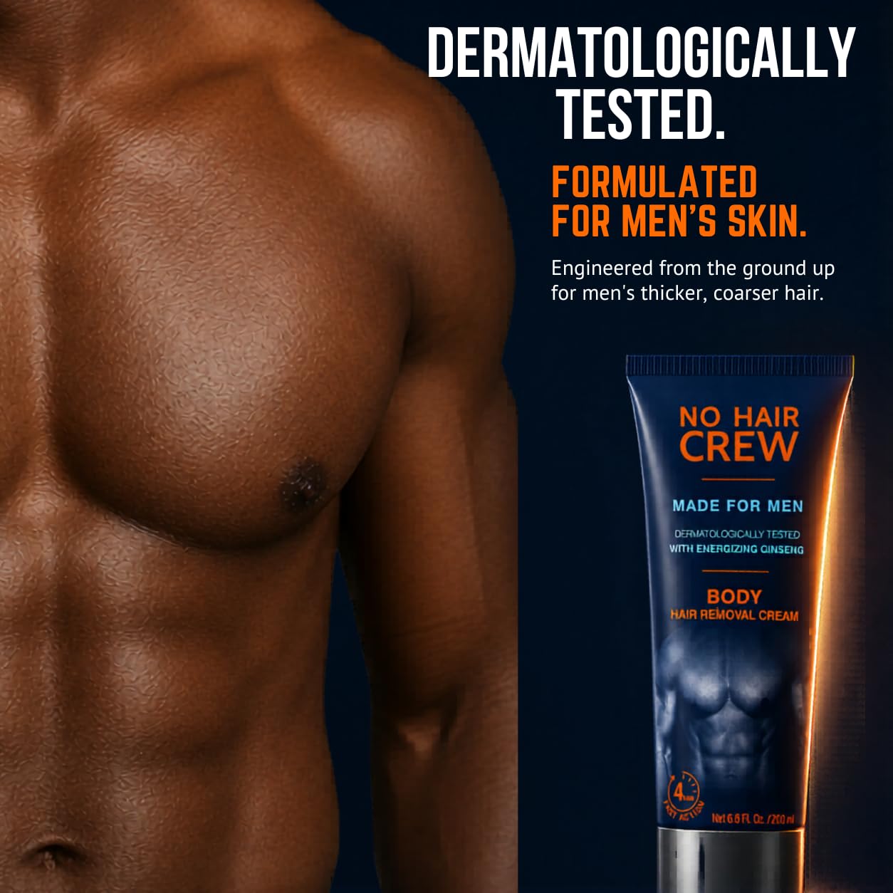 No Hair Crew Body At Home Hair Removal Cream for Manscaping Unwanted Hair with Energizing Ginseng, Premium Depilatory, Painless & Flawless, Made for Men, 200ml