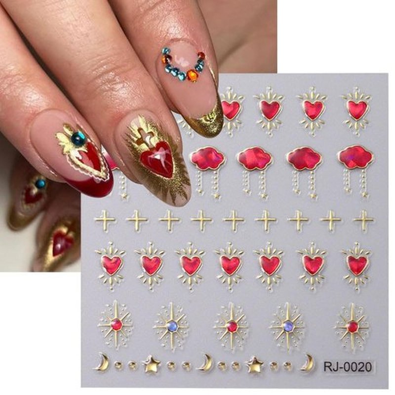 6Sheets 5D Embossed Stickers, Crystal Soft Glue Irregular Gems, Geometric Frame Art Stickers, Jelly Rhinestones Heart Star Decals, Moon Sun Cloud Nail Designs