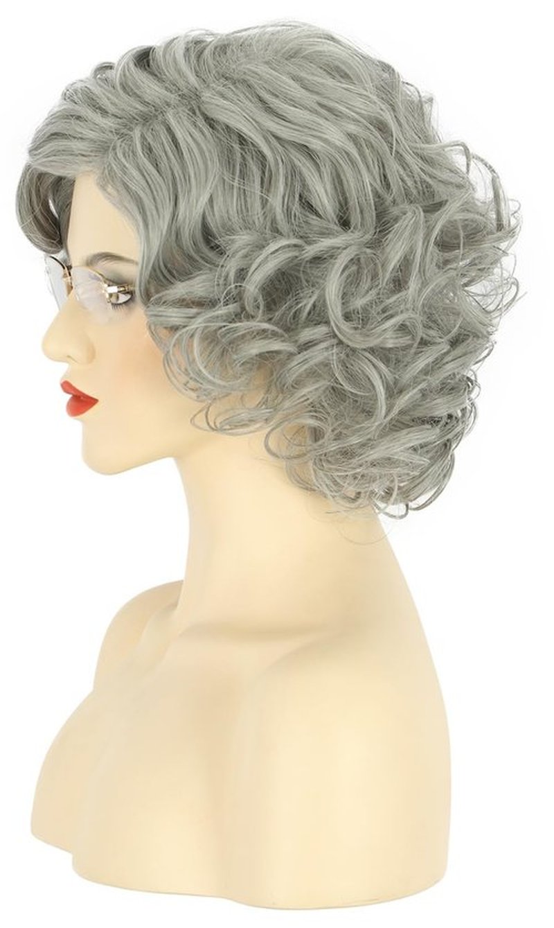 karlery Old Lady Short Bob Curly Grey Wig Natural Looking Daily Halloween Cosplay Party Wig