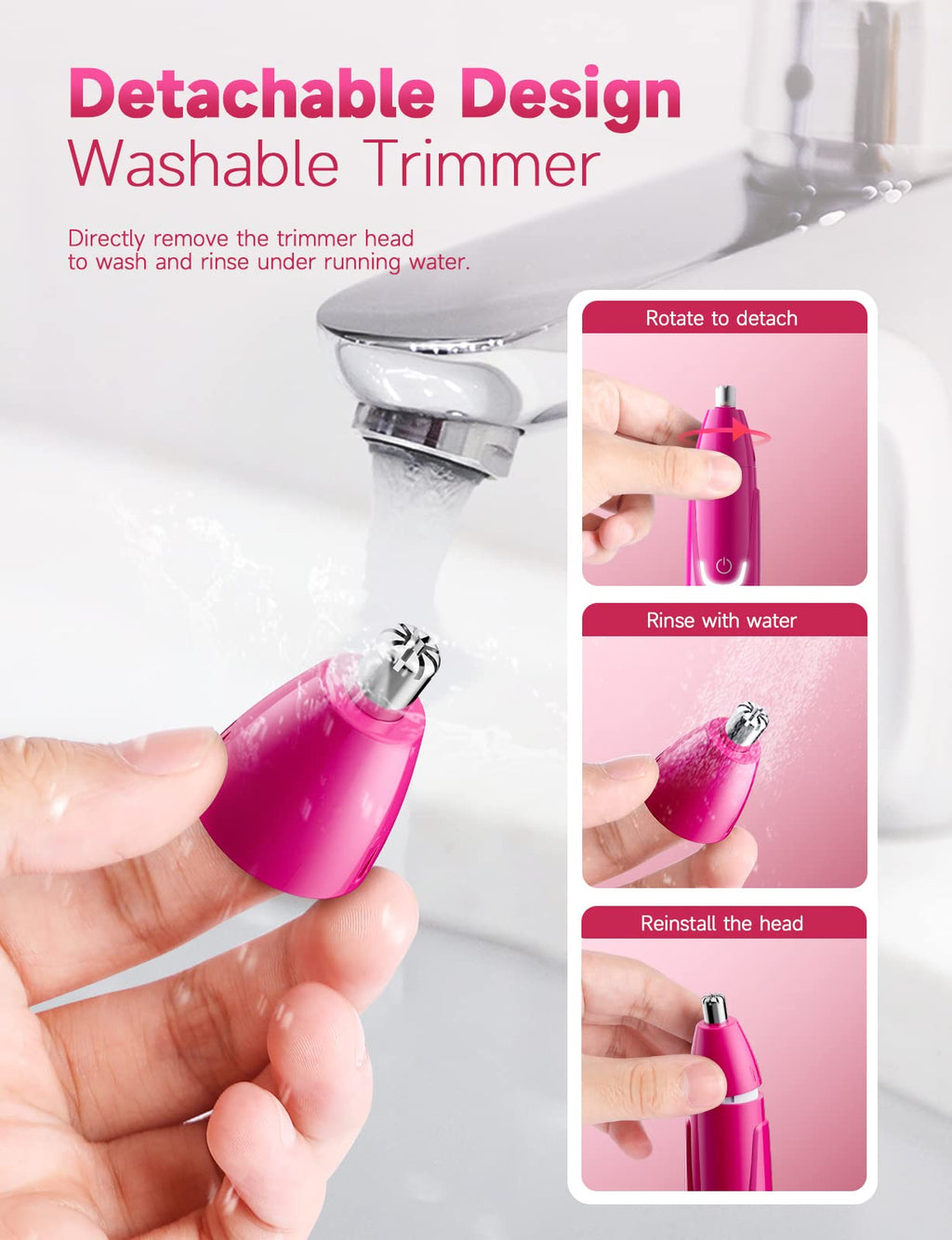 ZORAMI Rechargeable Ear and Nose Hair Trimmer - 2026 Professional Painless Eyebrow & Facial Hair Trimmer for Men Women, Powerful Motor and Dual-Edge Blades for Smoother Cutting Magenta
