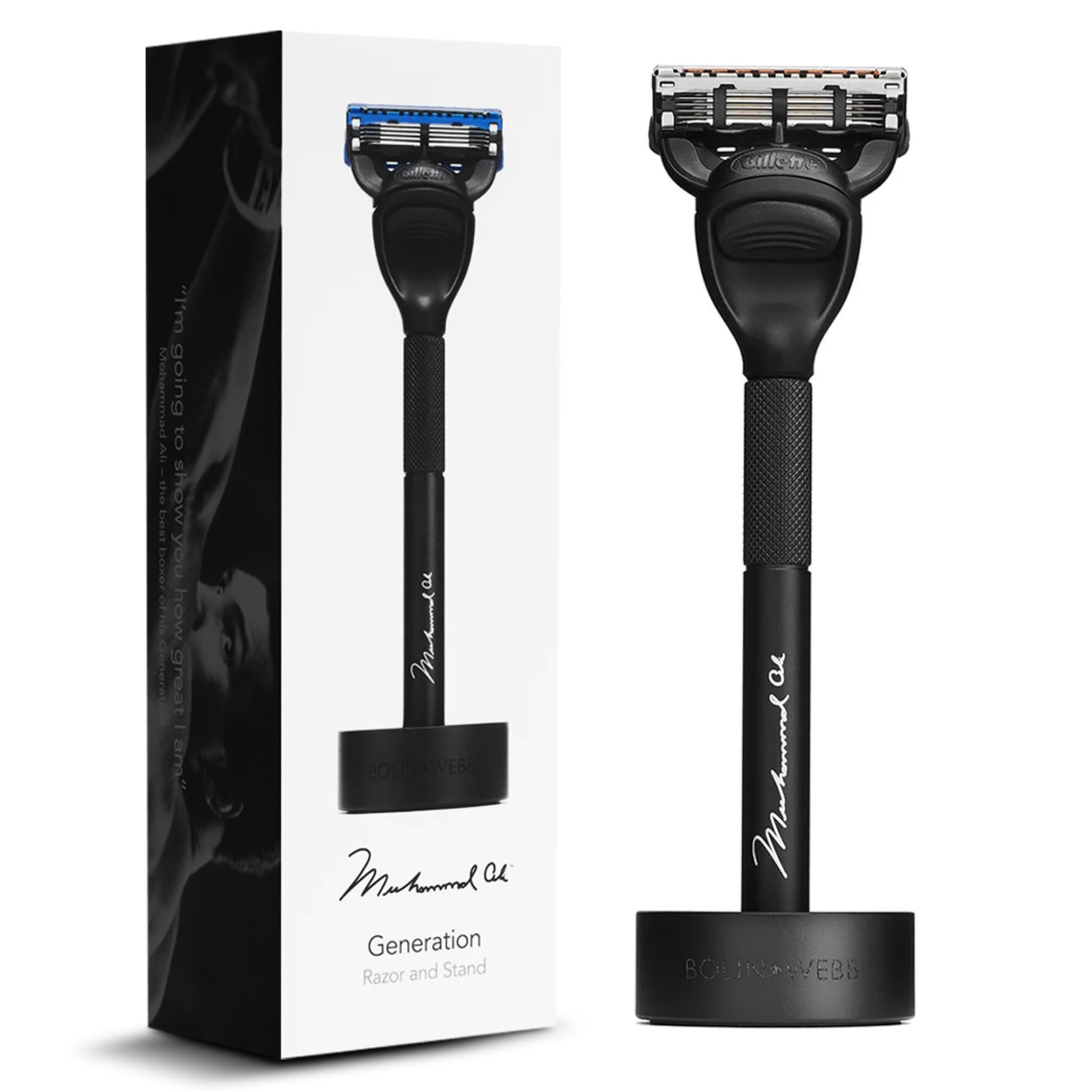Bolin Webb Generation Razor & Stand - Luxury Razors for Men with Gillette Fusion 5 Blades, Premium Aluminum Shaving Razor for Smooth, Comfortable Shave, Men's Grooming Set (Muhammad Ali, Black)