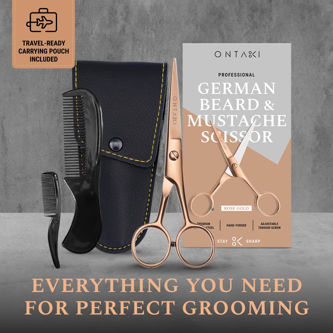 Ontaki Beard & Mustache Scissors for Men - 5inch, Rose Gold - 410C German Steel Durable, Ergonomic Design Travel Friendly Facial Hair Scissors - Beard Grooming Kit 2 Combs & Case Perfect for Styling