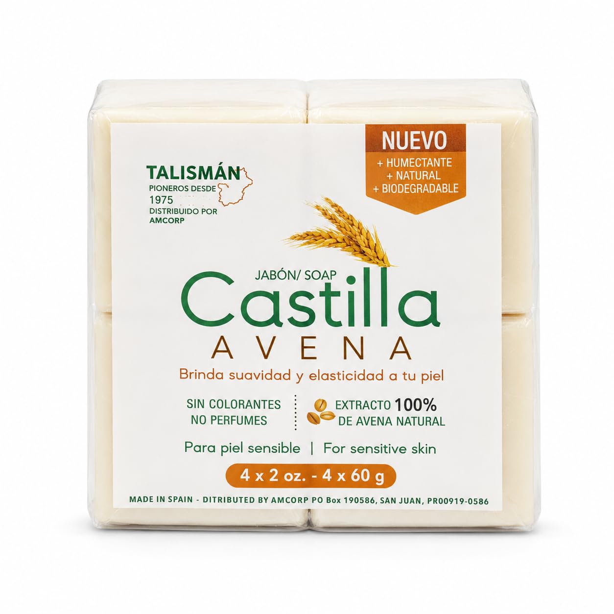 TALISMÁN Castilla Oatmeal Soap - 100% Natural and Preservative-Free for Sensitive Skin - Provides Softness and Elasticity, 2 oz Bars - 4-PACK