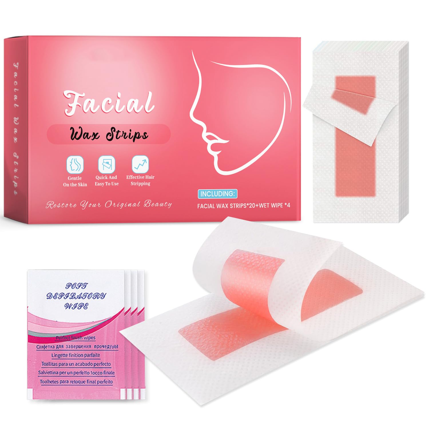 24 Pcs Facial Wax Strips, Facial Hair Removal for Women, Waxing Strips for Face Eyebrow Upper Lip Cheek Hair Remover, Quick & Painless At Home Waxing Kit for All Skin Types with 4 Pcs Wax Wipes